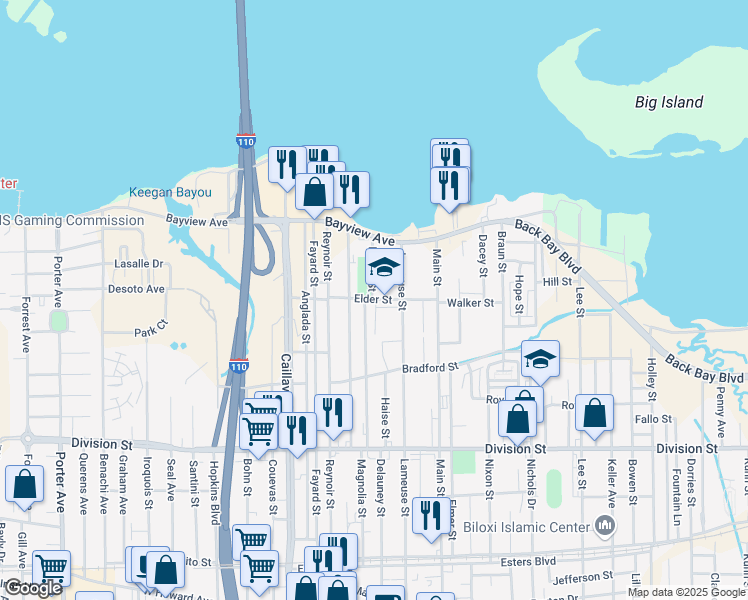 map of restaurants, bars, coffee shops, grocery stores, and more near 771 Elder Street in Biloxi