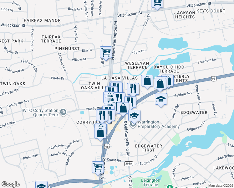 map of restaurants, bars, coffee shops, grocery stores, and more near 120 Chief's Way in Pensacola