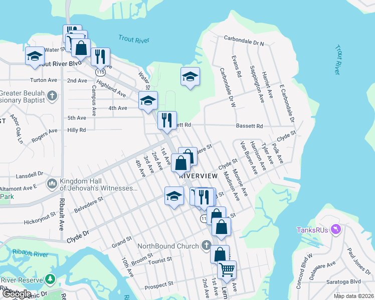 map of restaurants, bars, coffee shops, grocery stores, and more near 9217 Washington Avenue in Jacksonville