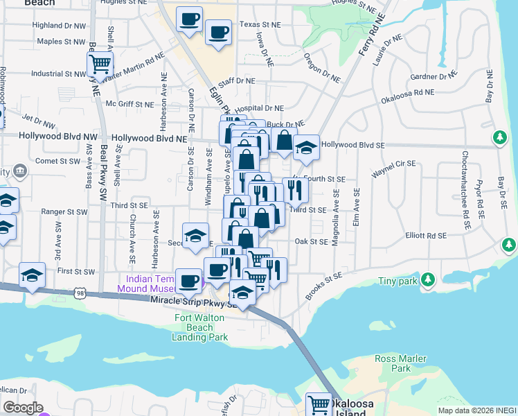 map of restaurants, bars, coffee shops, grocery stores, and more near 39 Eglin Parkway Southeast in Fort Walton Beach