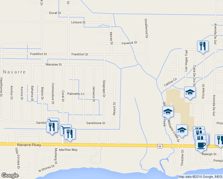 map of restaurants, bars, coffee shops, grocery stores, and more near 2035 Resort Street in Navarre