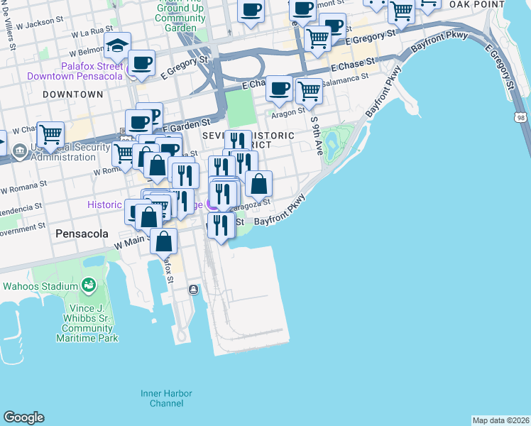map of restaurants, bars, coffee shops, grocery stores, and more near 19 State Road 196 in Pensacola