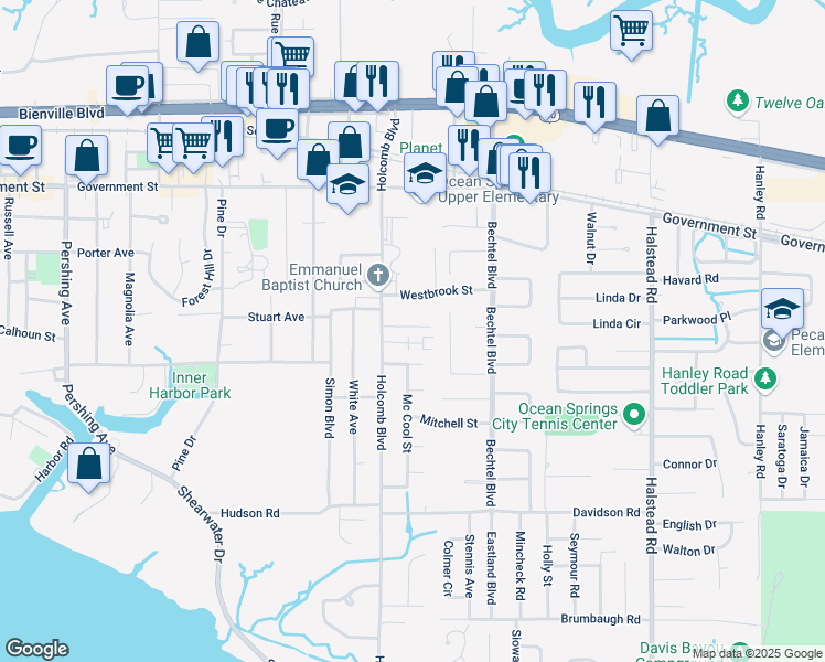 map of restaurants, bars, coffee shops, grocery stores, and more near 211 Armand Oaks in Ocean Springs
