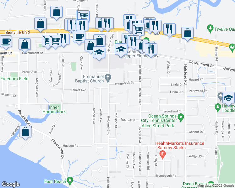 map of restaurants, bars, coffee shops, grocery stores, and more near 208 Armand Oaks in Ocean Springs