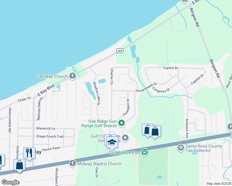 map of restaurants, bars, coffee shops, grocery stores, and more near 5609 Government Drive in Gulf Breeze
