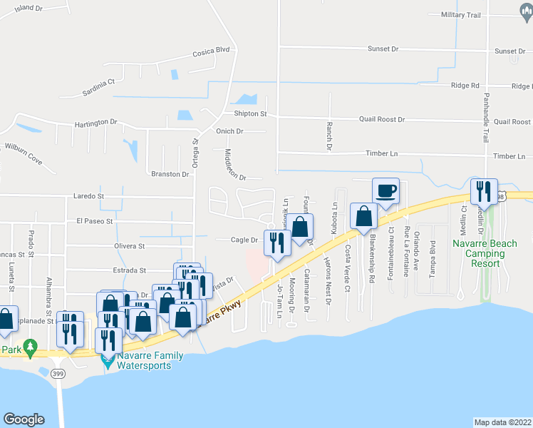 map of restaurants, bars, coffee shops, grocery stores, and more near Sanderling Lane in Navarre