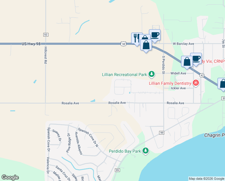 map of restaurants, bars, coffee shops, grocery stores, and more near 33553 Rosalia Avenue in Baldwin
