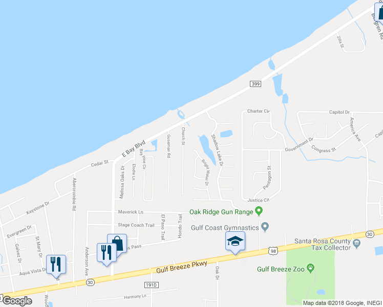 map of restaurants, bars, coffee shops, grocery stores, and more near 2061 Bright Water Drive in Gulf Breeze