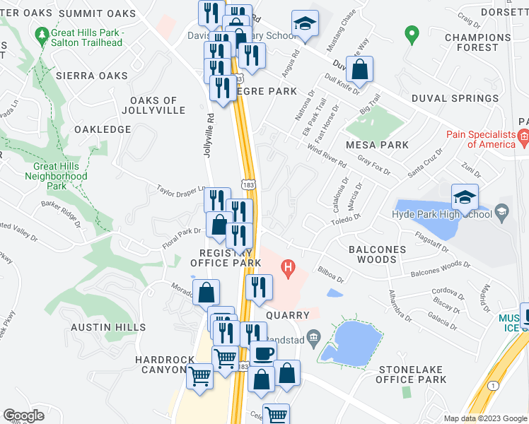 map of restaurants, bars, coffee shops, grocery stores, and more near 11221 Research Boulevard in Austin
