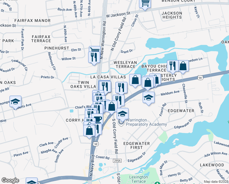 map of restaurants, bars, coffee shops, grocery stores, and more near 190 North Old Corry Field Road in Pensacola