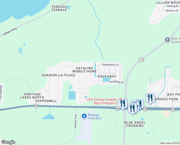 map of restaurants, bars, coffee shops, grocery stores, and more near 1932 Gulf Bay Lane in Pensacola