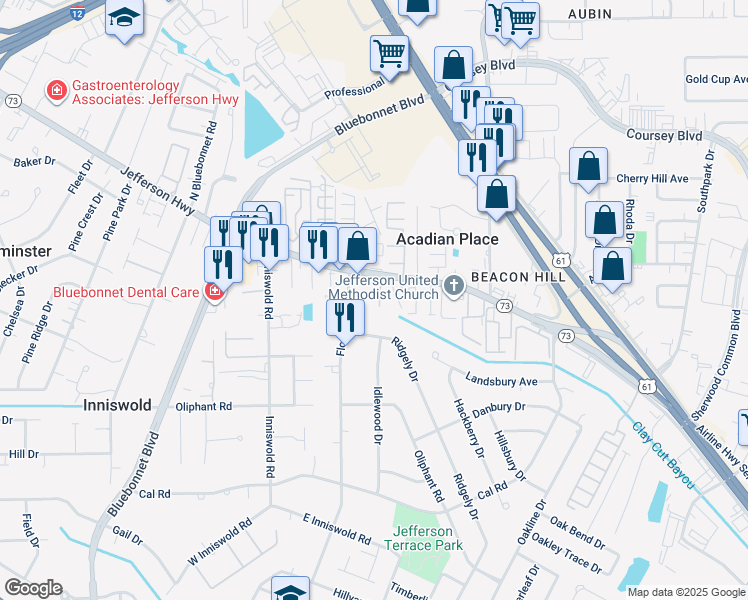 map of restaurants, bars, coffee shops, grocery stores, and more near 10028 Jefferson Highway in Baton Rouge