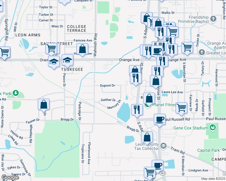 map of restaurants, bars, coffee shops, grocery stores, and more near 414 Georgetown Drive in Tallahassee