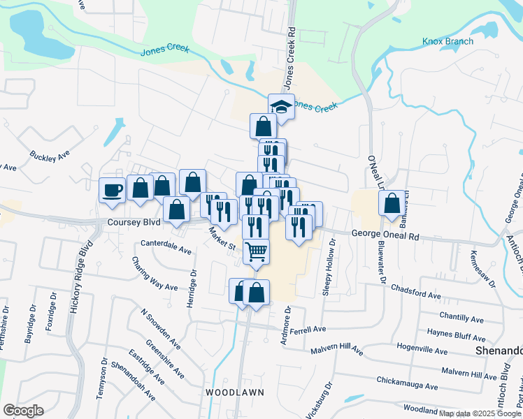 map of restaurants, bars, coffee shops, grocery stores, and more near Jones Creek Road in Baton Rouge