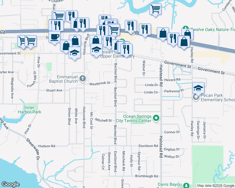 map of restaurants, bars, coffee shops, grocery stores, and more near 421 Bechtel Boulevard in Ocean Springs
