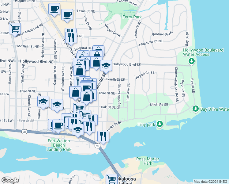 map of restaurants, bars, coffee shops, grocery stores, and more near 27 Alder Avenue Southeast in Fort Walton Beach