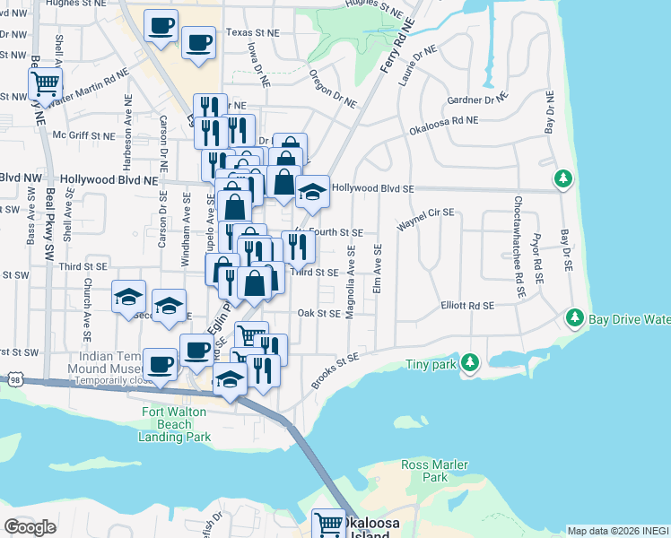 map of restaurants, bars, coffee shops, grocery stores, and more near 27 Alder Avenue Southeast in Fort Walton Beach