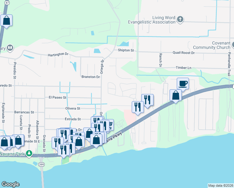 map of restaurants, bars, coffee shops, grocery stores, and more near 8724 Brown Pelican Circle in Navarre