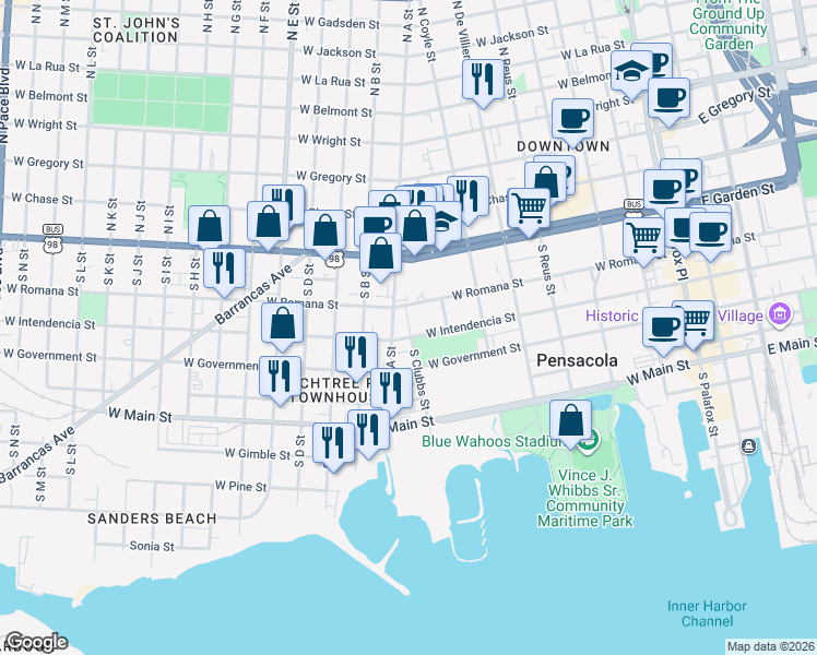 map of restaurants, bars, coffee shops, grocery stores, and more near in Pensacola