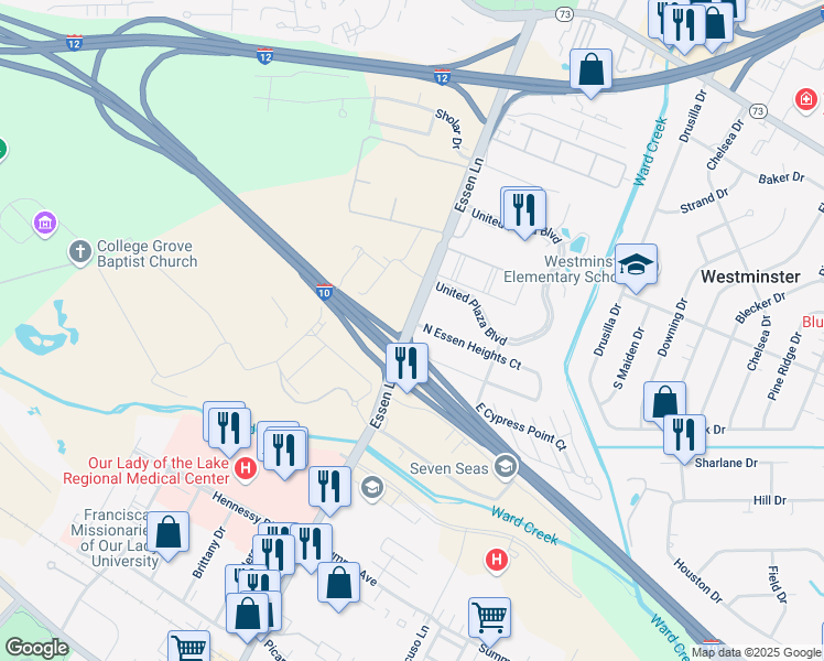 map of restaurants, bars, coffee shops, grocery stores, and more near 8145 North Essen Heights Court in Baton Rouge