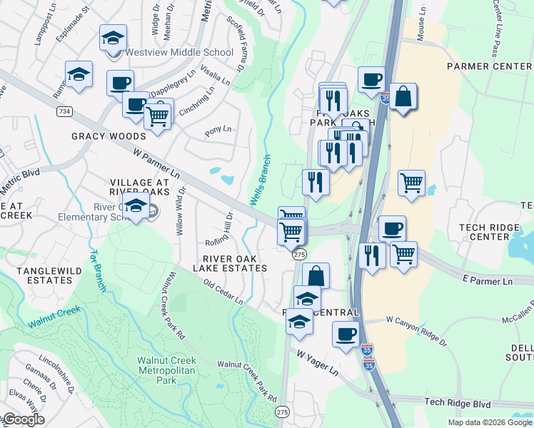 map of restaurants, bars, coffee shops, grocery stores, and more near 1210 West Parmer Lane in Austin