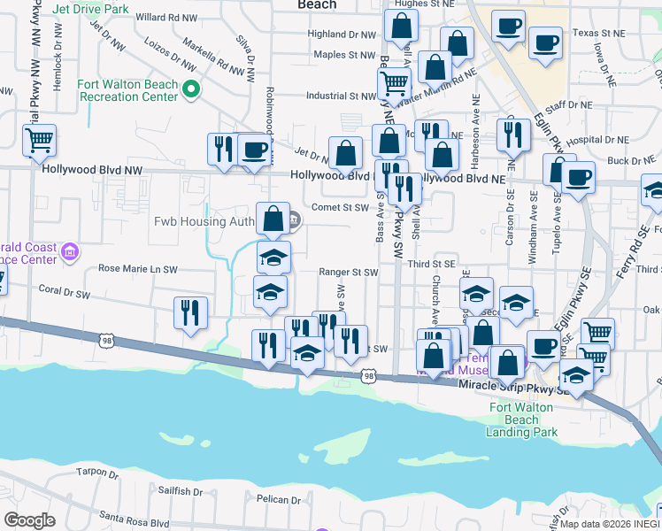 map of restaurants, bars, coffee shops, grocery stores, and more near 58 Ed Brown Street Southwest in Fort Walton Beach
