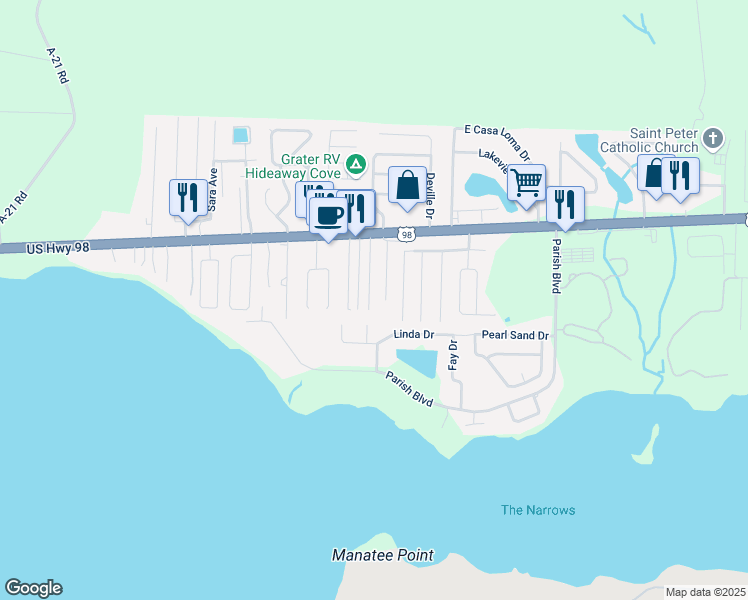 map of restaurants, bars, coffee shops, grocery stores, and more near 421 Bridgewater Court in Mary Esther