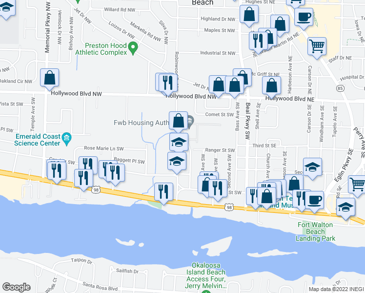 map of restaurants, bars, coffee shops, grocery stores, and more near 110 Robinwood Drive Southwest in Fort Walton Beach