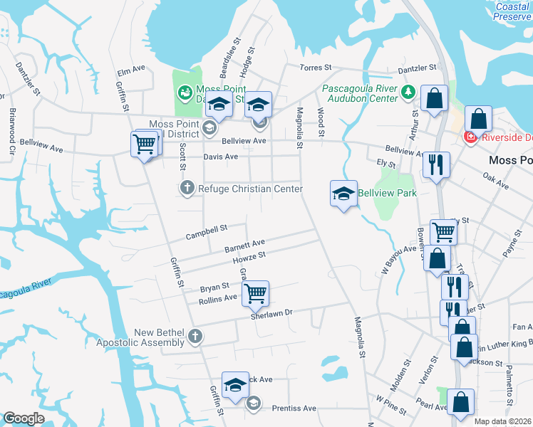 map of restaurants, bars, coffee shops, grocery stores, and more near 4713 Weems Street in Moss Point