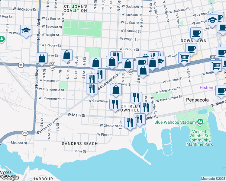 map of restaurants, bars, coffee shops, grocery stores, and more near 257 South E Street in Pensacola