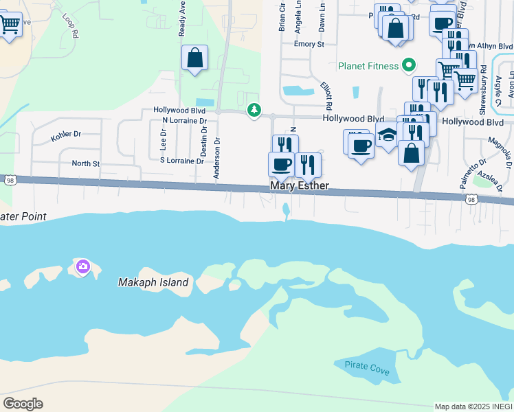 map of restaurants, bars, coffee shops, grocery stores, and more near 191 Miracle Strip Parkway in Mary Esther
