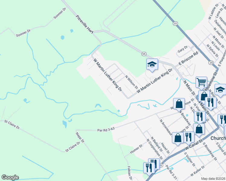 map of restaurants, bars, coffee shops, grocery stores, and more near 638-700 West Martin Luther King Drive in Church Point