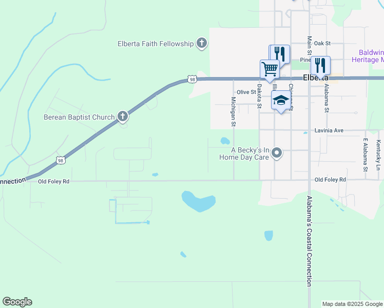 map of restaurants, bars, coffee shops, grocery stores, and more near 24423 Old Foley Road in Elberta