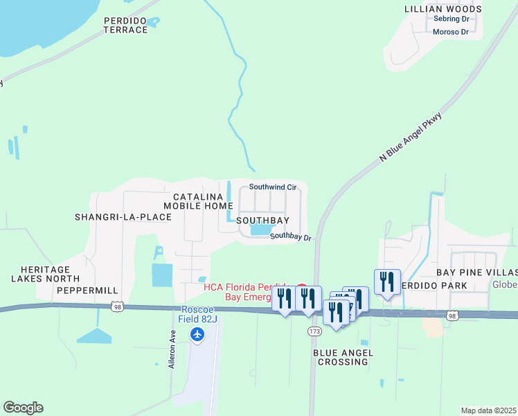 map of restaurants, bars, coffee shops, grocery stores, and more near 2200 Blue Lake Drive in Pensacola