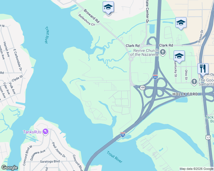 map of restaurants, bars, coffee shops, grocery stores, and more near 1000-1 Broward Ap in Jacksonville