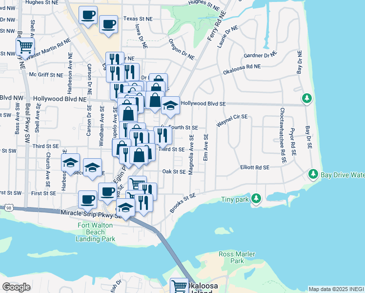 map of restaurants, bars, coffee shops, grocery stores, and more near 27 Alder Avenue Southeast in Fort Walton Beach