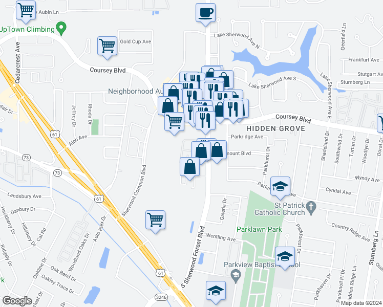 map of restaurants, bars, coffee shops, grocery stores, and more near 4944 South Sherwood Forest Boulevard in Baton Rouge