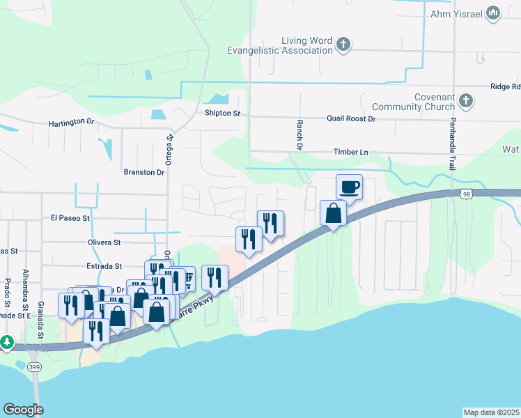 map of restaurants, bars, coffee shops, grocery stores, and more near 8900 Colony Ridge Circle in Navarre
