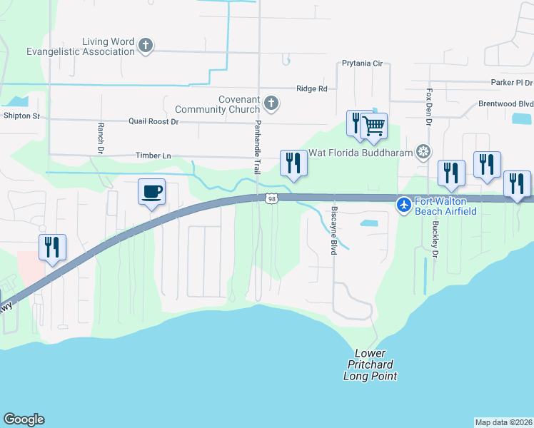 map of restaurants, bars, coffee shops, grocery stores, and more near 9229 US Highway 98 in Navarre