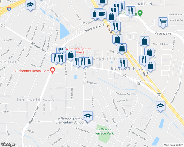 map of restaurants, bars, coffee shops, grocery stores, and more near 10062A Jefferson Highway in Baton Rouge
