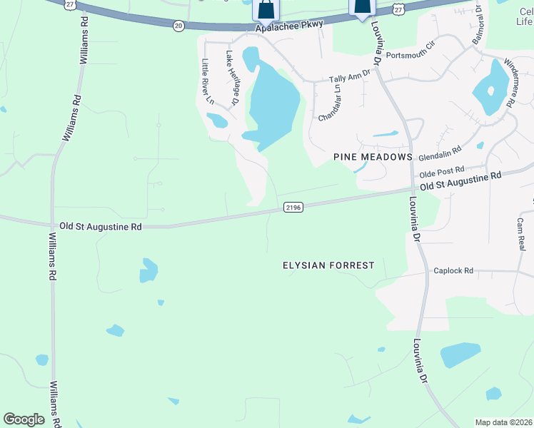 map of restaurants, bars, coffee shops, grocery stores, and more near 7575 Old Saint Augustine Road in Tallahassee