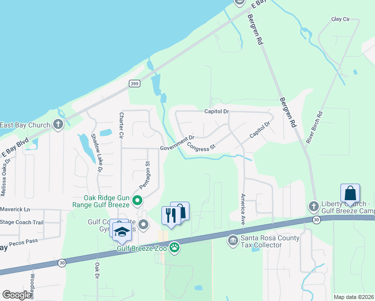 map of restaurants, bars, coffee shops, grocery stores, and more near 5823 Congress Street in Gulf Breeze