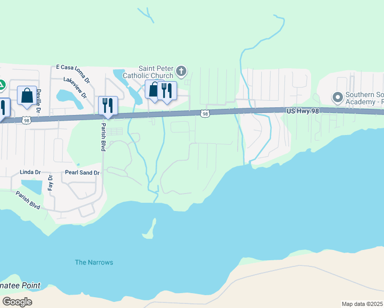 map of restaurants, bars, coffee shops, grocery stores, and more near 293 Tecumseh Lane in Mary Esther