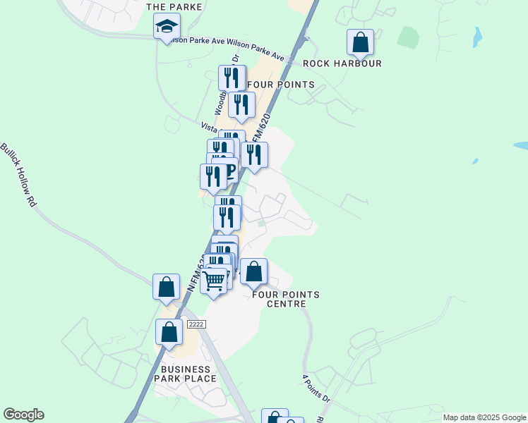 map of restaurants, bars, coffee shops, grocery stores, and more near 7655 North FM 620 in Austin
