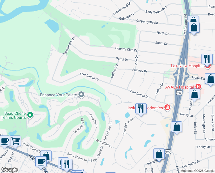 map of restaurants, bars, coffee shops, grocery stores, and more near 163 Tchefuncte Drive in Covington