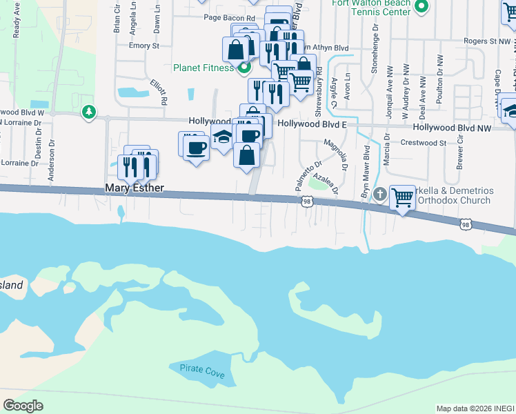 map of restaurants, bars, coffee shops, grocery stores, and more near 71 Florida 393 in Mary Esther