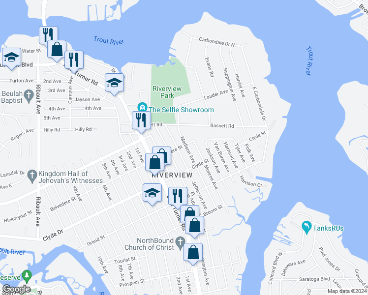 map of restaurants, bars, coffee shops, grocery stores, and more near 9176 Madison Avenue in Jacksonville