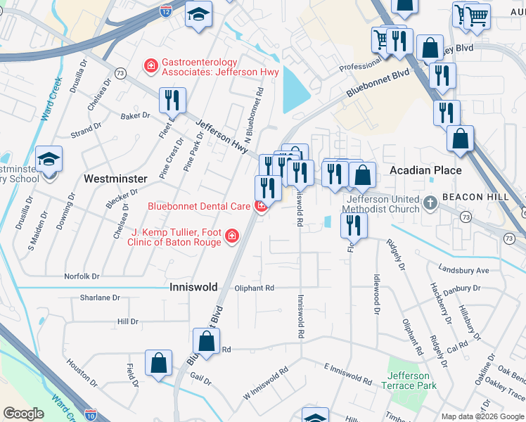map of restaurants, bars, coffee shops, grocery stores, and more near 4303 Bluebonnet Boulevard in Baton Rouge