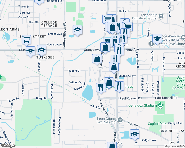 map of restaurants, bars, coffee shops, grocery stores, and more near 3000 South Adams Street in Tallahassee