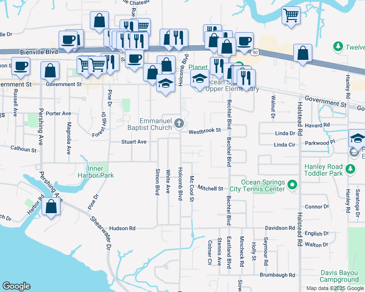 map of restaurants, bars, coffee shops, grocery stores, and more near 316 Holcomb Boulevard in Ocean Springs
